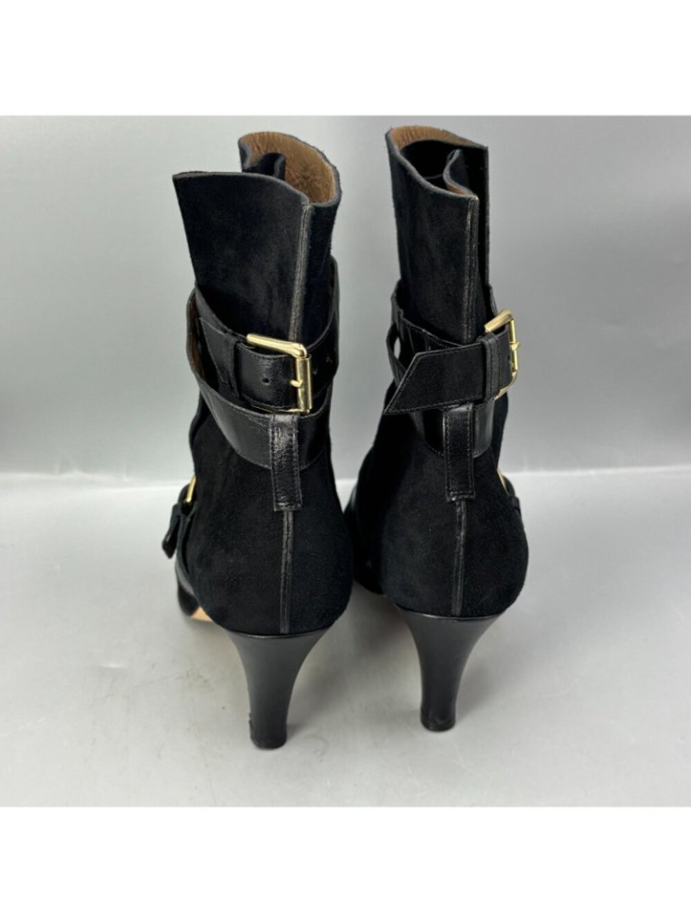 Anyi Lu Handmade Belted Booties Womens 8 Black Suede Leather Straps Cone Heel - Picture 4 of 8